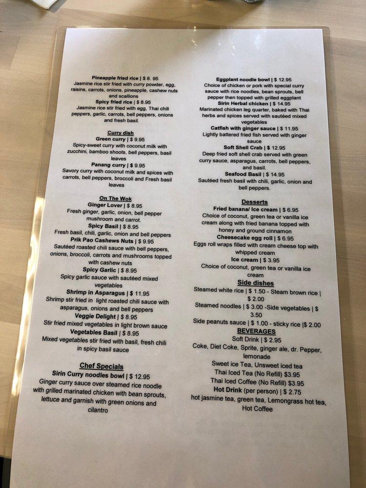 Menu at Sirin Thai SC restaurant, Greenville