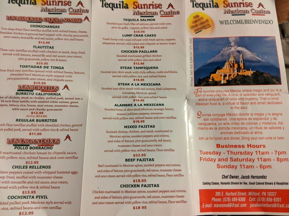 Menu at Tequila Sunrise restaurant, Milford