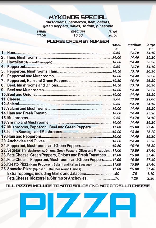 Menu at Mykonos Pizza & Spaghetti House pizzeria, Penticton