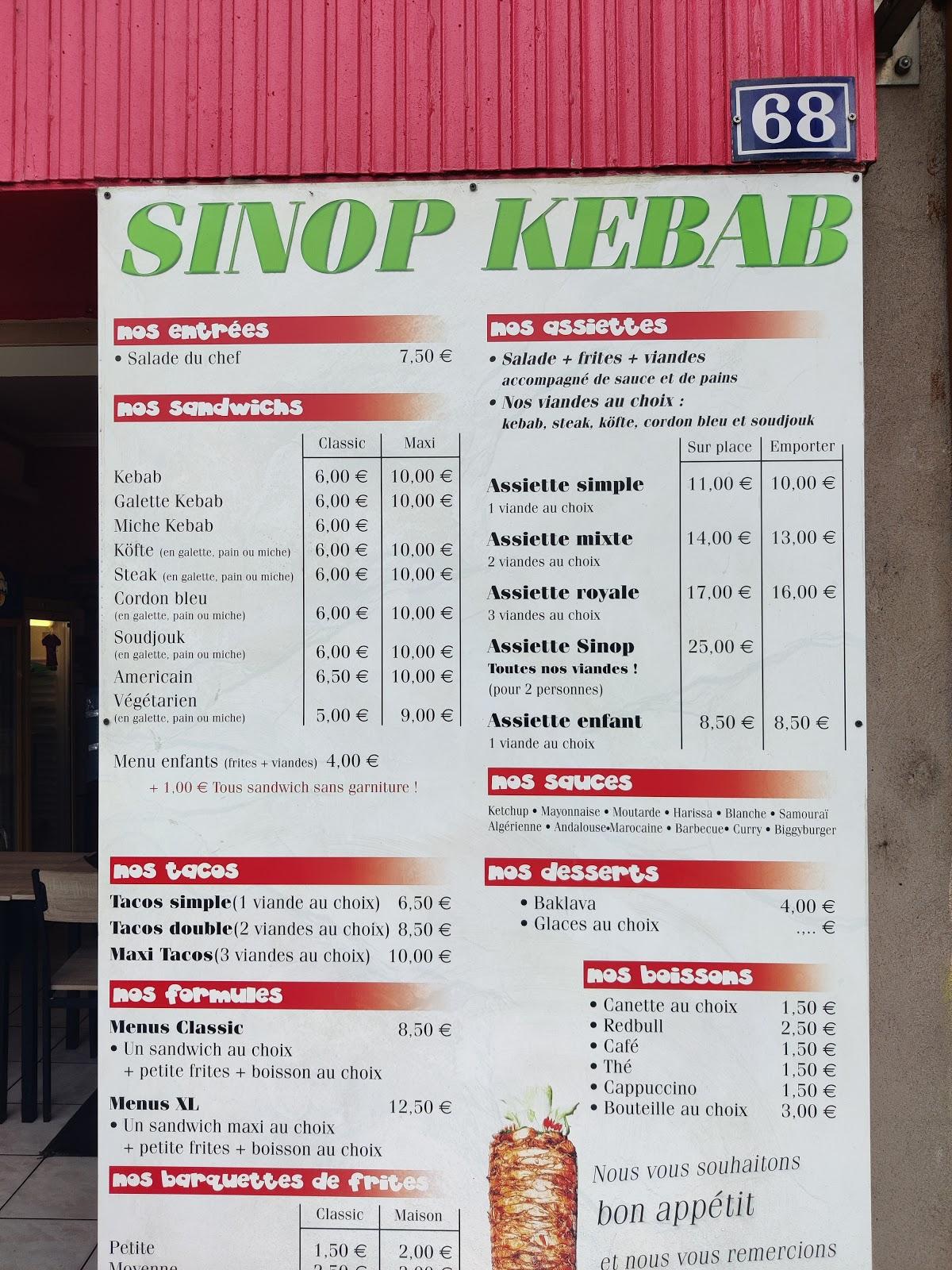 Menu at Sinop Kebab restaurant, Lalevade-dArdèche