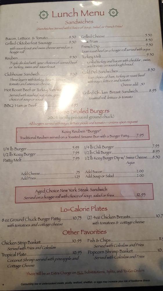 Menu at Kozy Korner Restaurant, Saint Helens