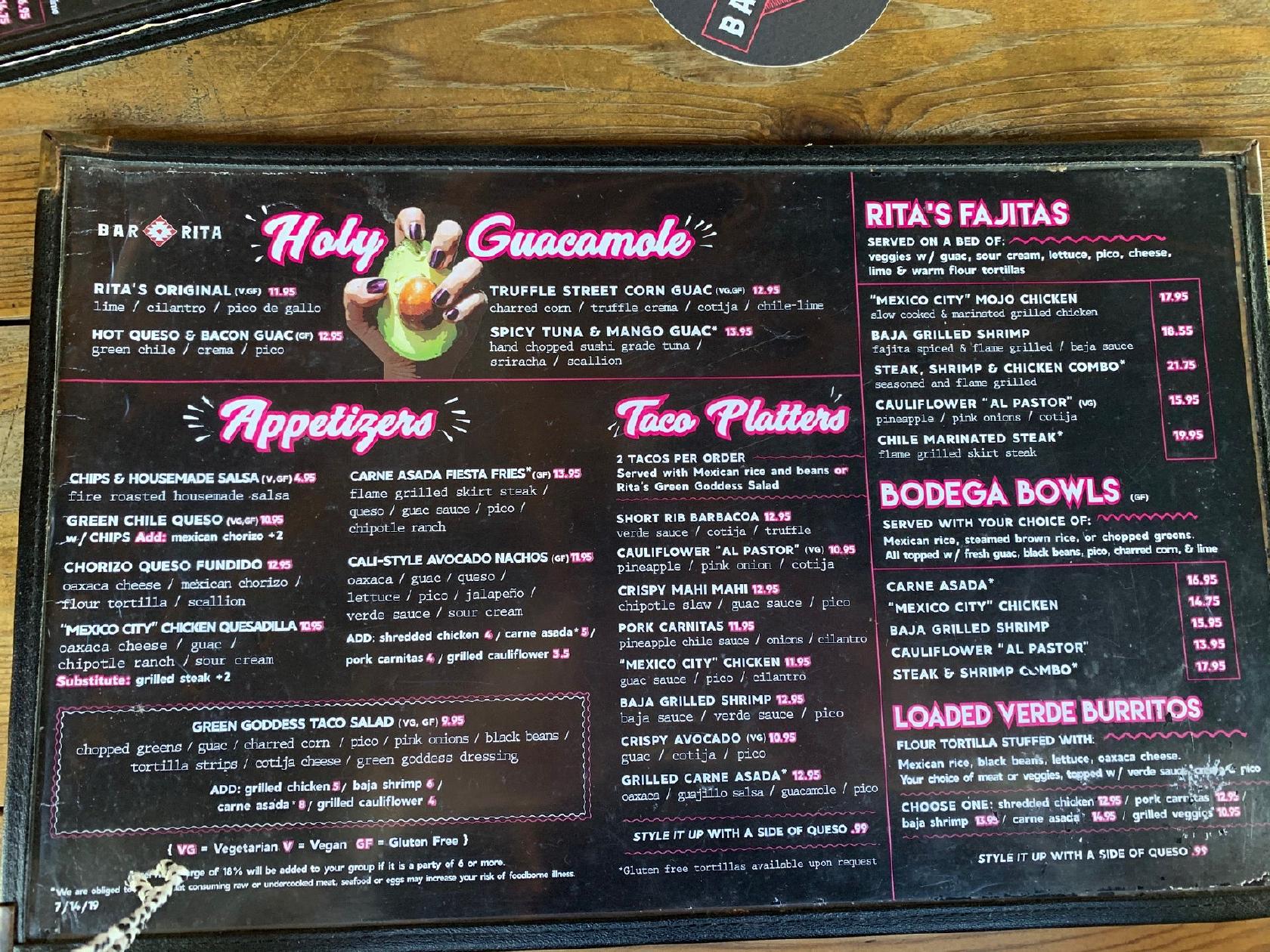 Menu at Bar Rita, Fort Lauderdale