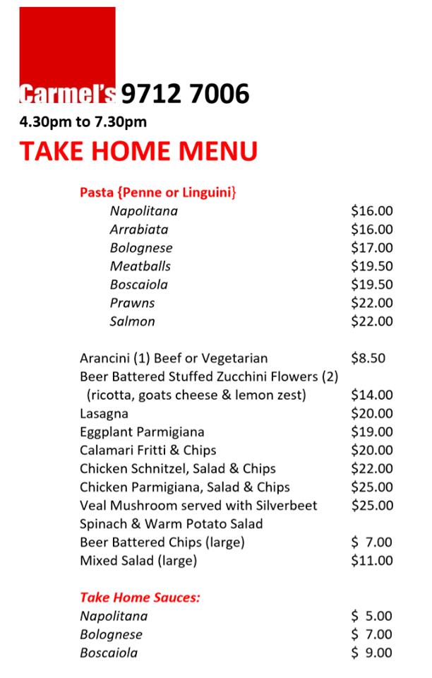 Menu at Carmel's cafe, Wareemba, 1/284 Great N Rd