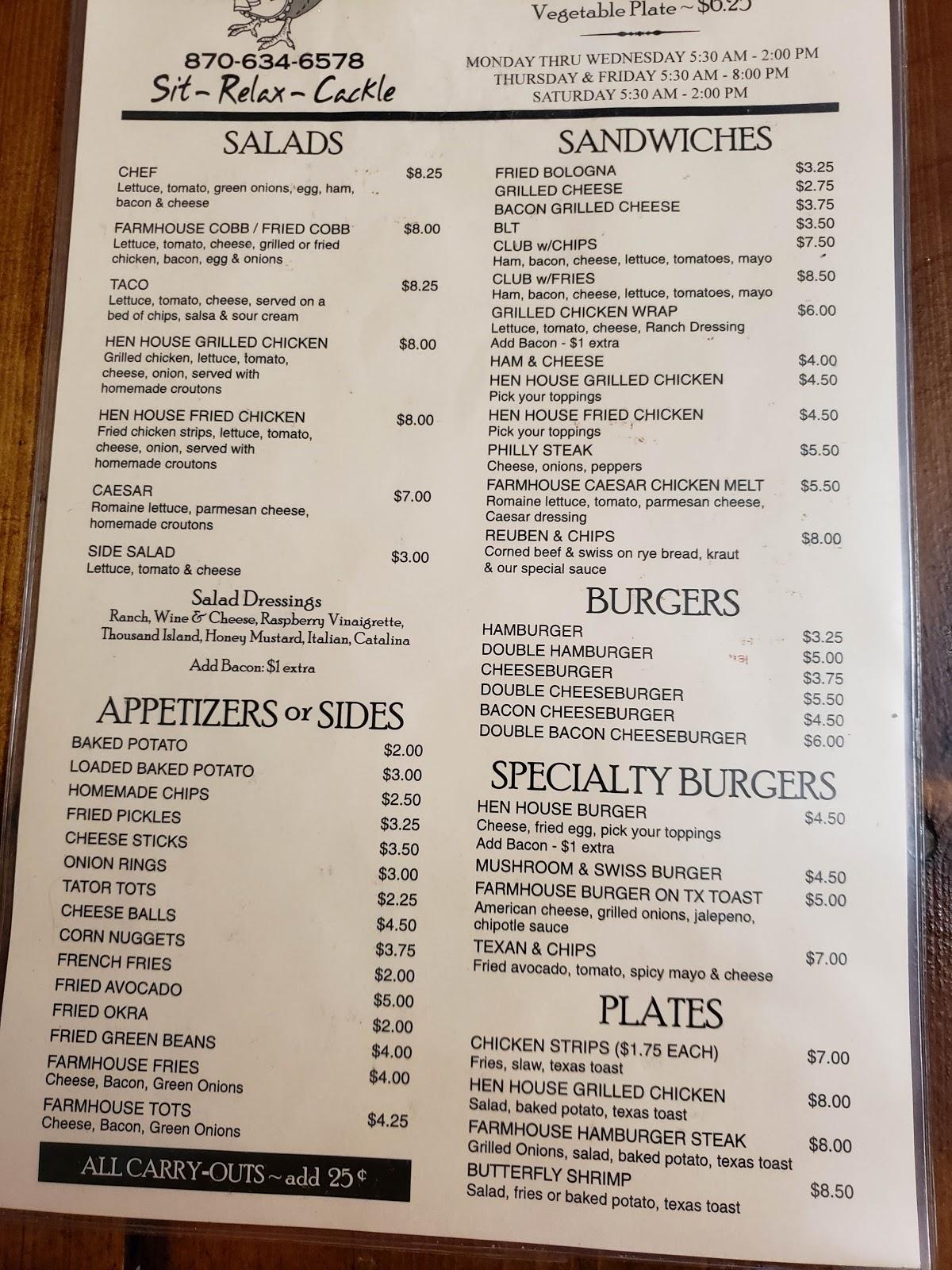 Menu At Hen House Cafe, Piggott