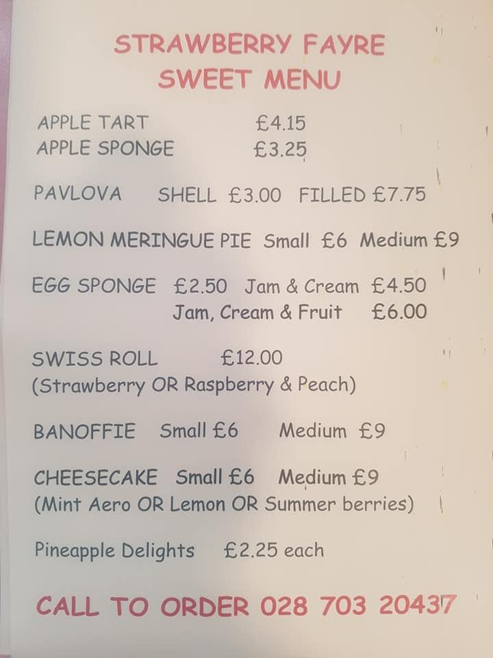 Menu at Strawberry Fayre cafe, Coleraine