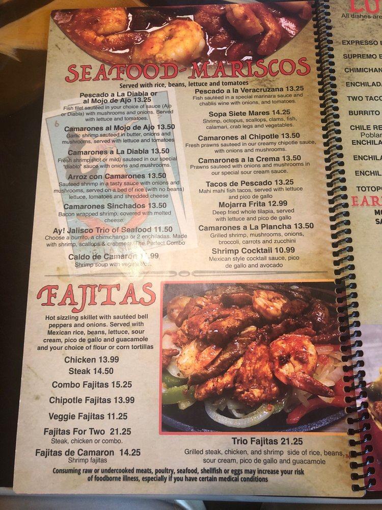 Menu at Ay Jalisco restaurant, Vero Beach, US-1