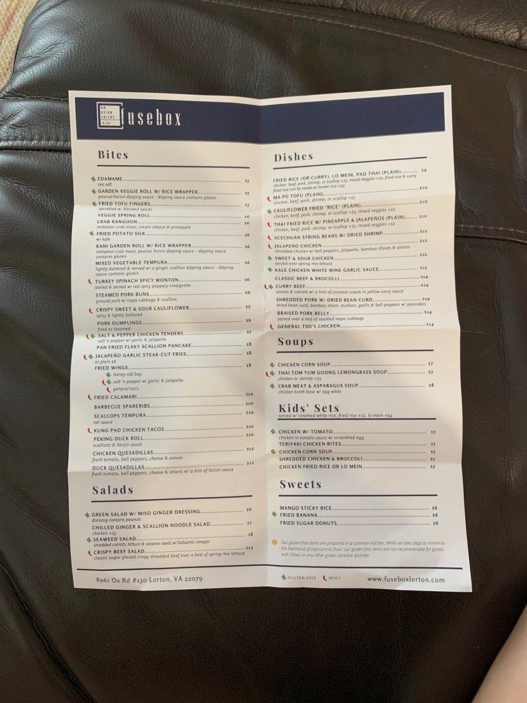 Menu at Fuse Box restaurant, Lorton