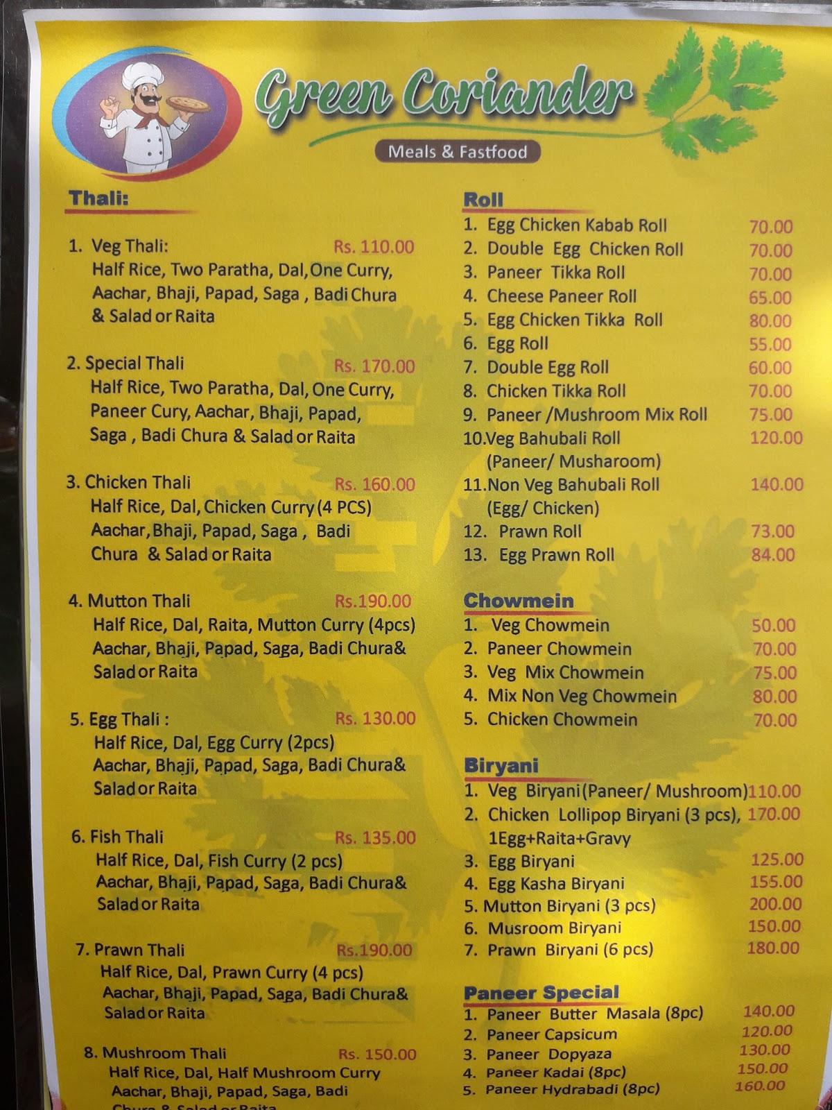 GREEN CORIANDER menu