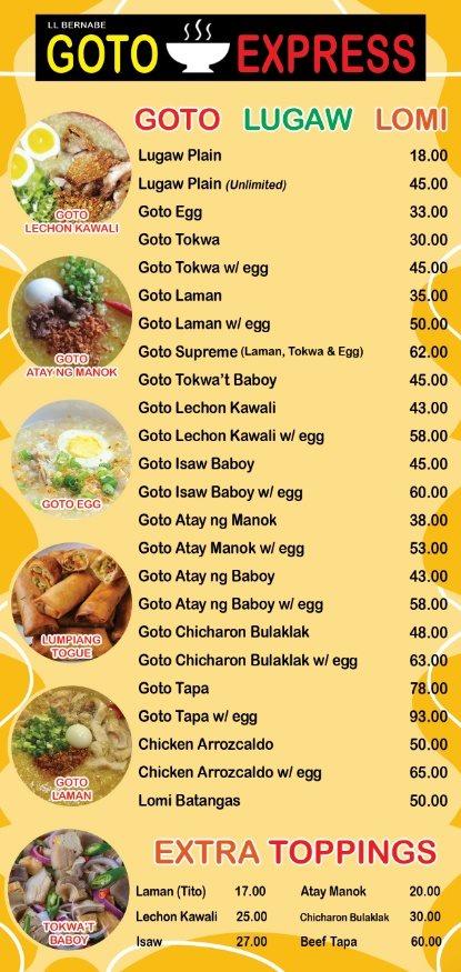 Menu at Goto Express restaurant, Taguig