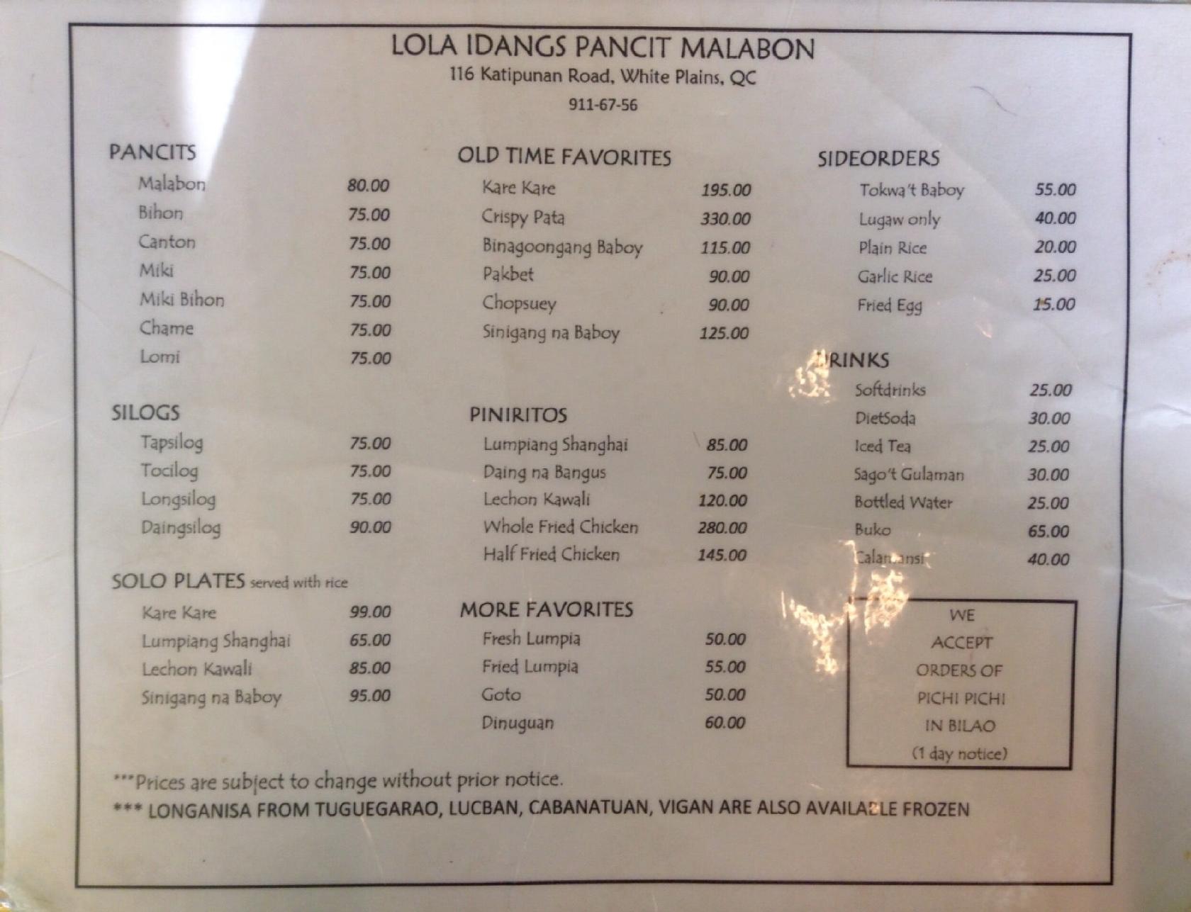 Menu at Lola Idang's Pancit Malabon - White Plains restaurant, Quezon ...