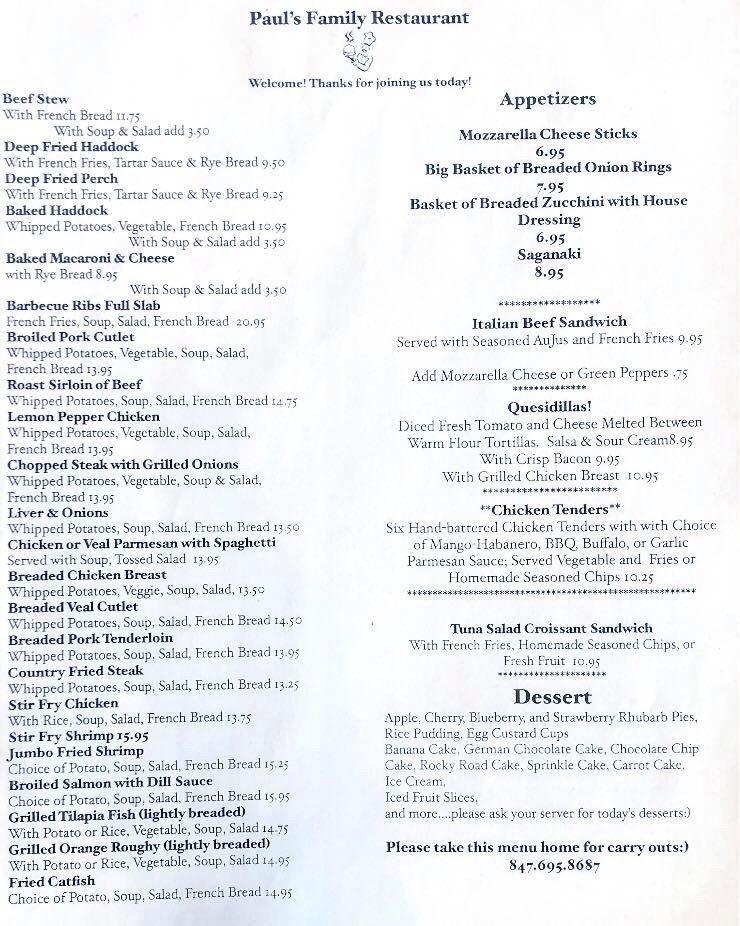Menu at Paul's Family Restaurant, Elgin