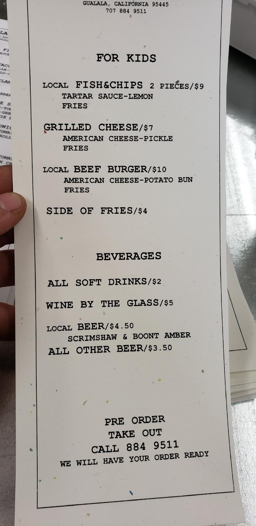 Menu at Gualala Seafood Shack restaurant, Gualala