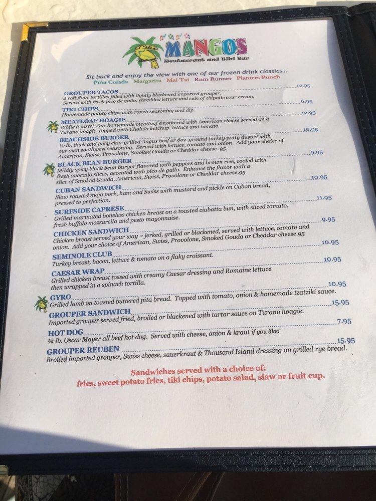 Menu at Mangos Restaurant & Tiki Bar, North Redington Beach