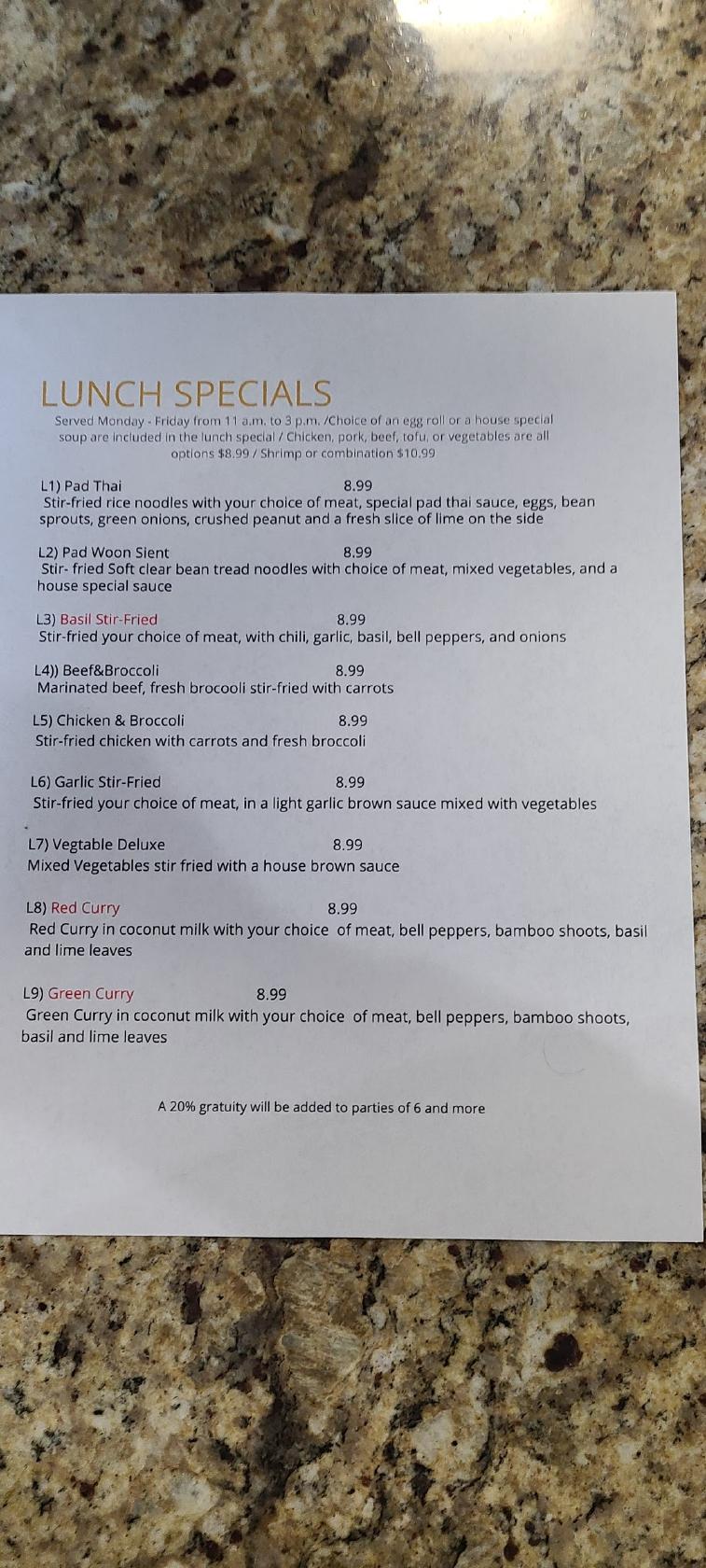 Carta del restaurante Rice & Spicy Thai Kitchen, San Antonio