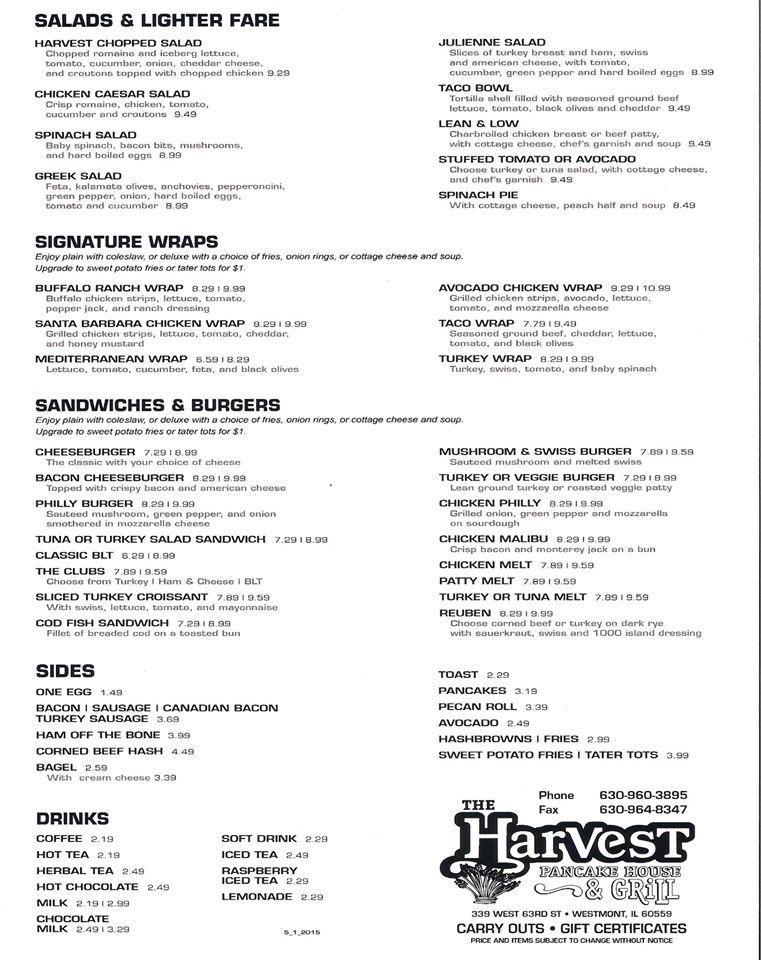Menu at Harvest Pancake House & Grill restaurant, Westmont