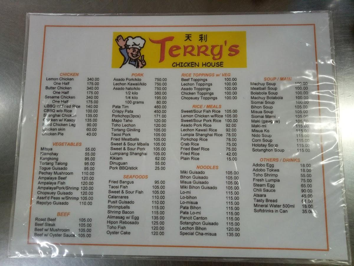 Menu at Terry's Chicken House restaurant, Manila, Bambang St