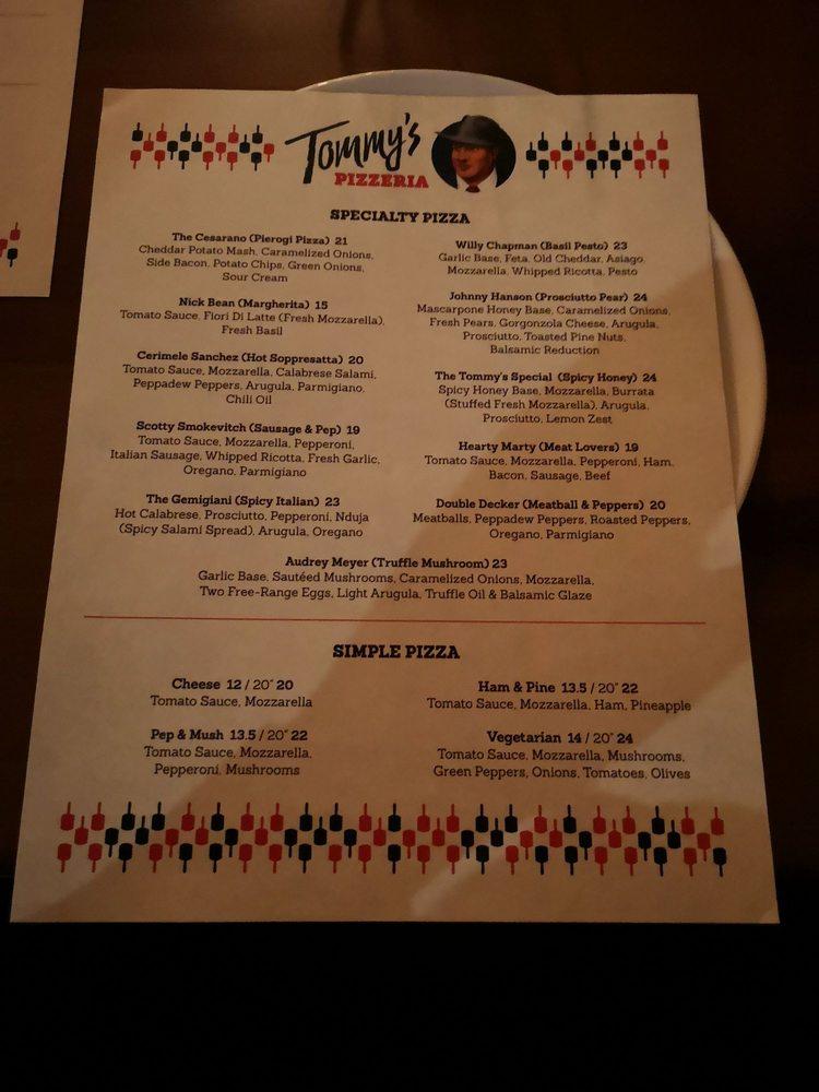 Menu at Tommy's Pizzeria, Winnipeg