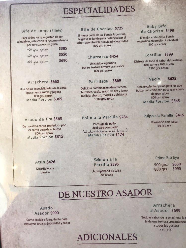 Menu at FONDA ARGENTINA TIJUANA restaurant, Tijuana, Blvd. Agua Caliente  10854