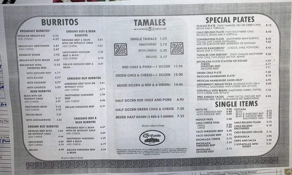Menu at Tamales By La Casita restaurant, Denver, Tejon St