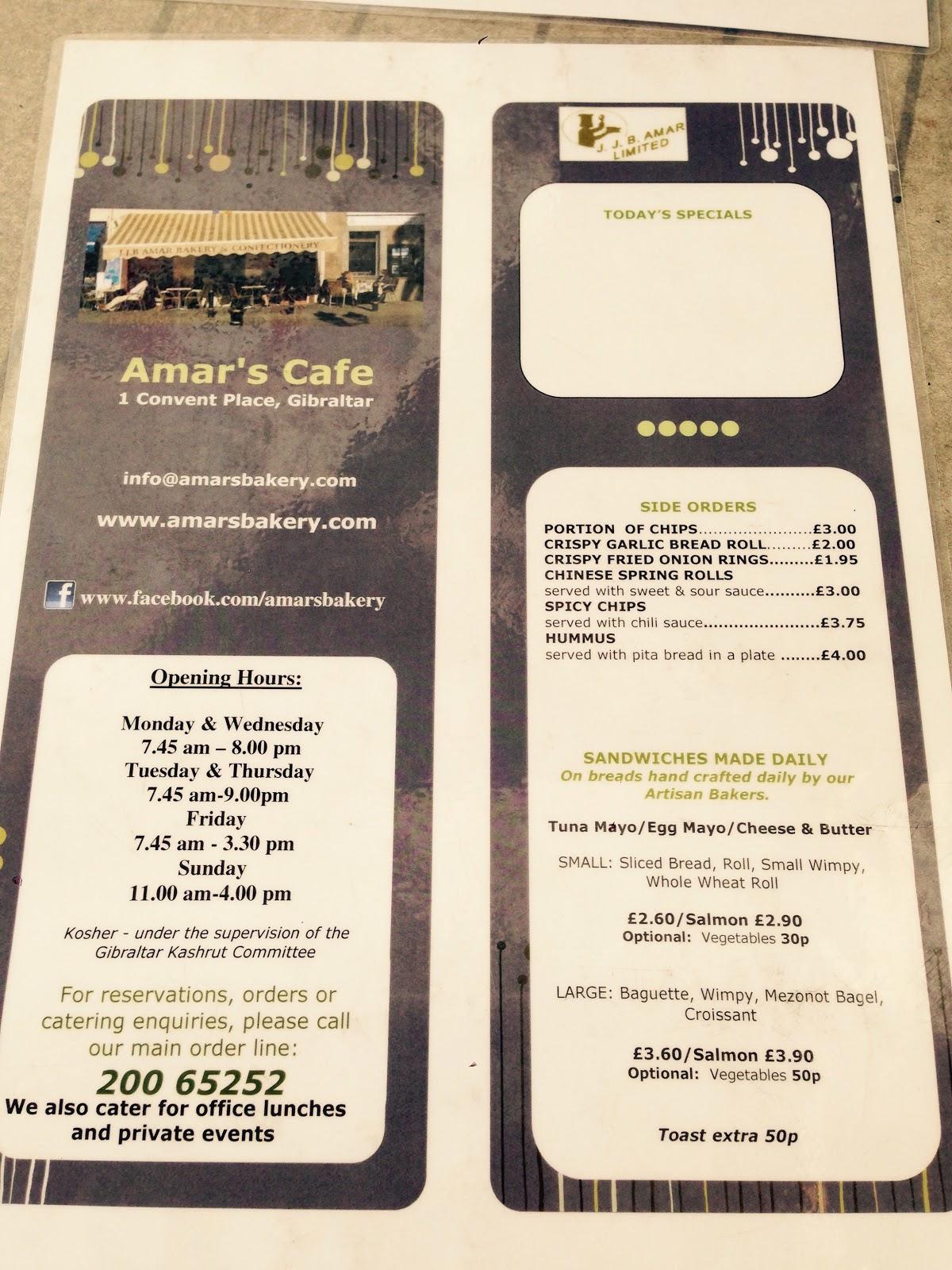 Menu at Amar's Kosher Bakery/Restaurant, Gibraltar