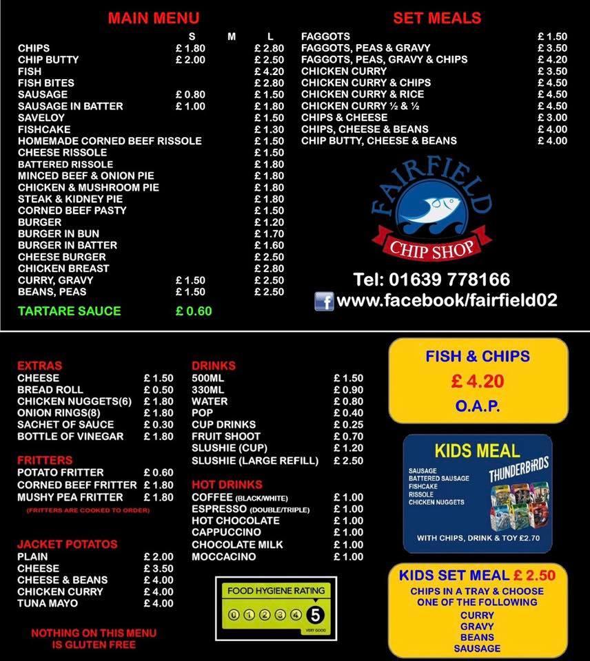 Menu at Fairfield Fish Bar, Port Talbot