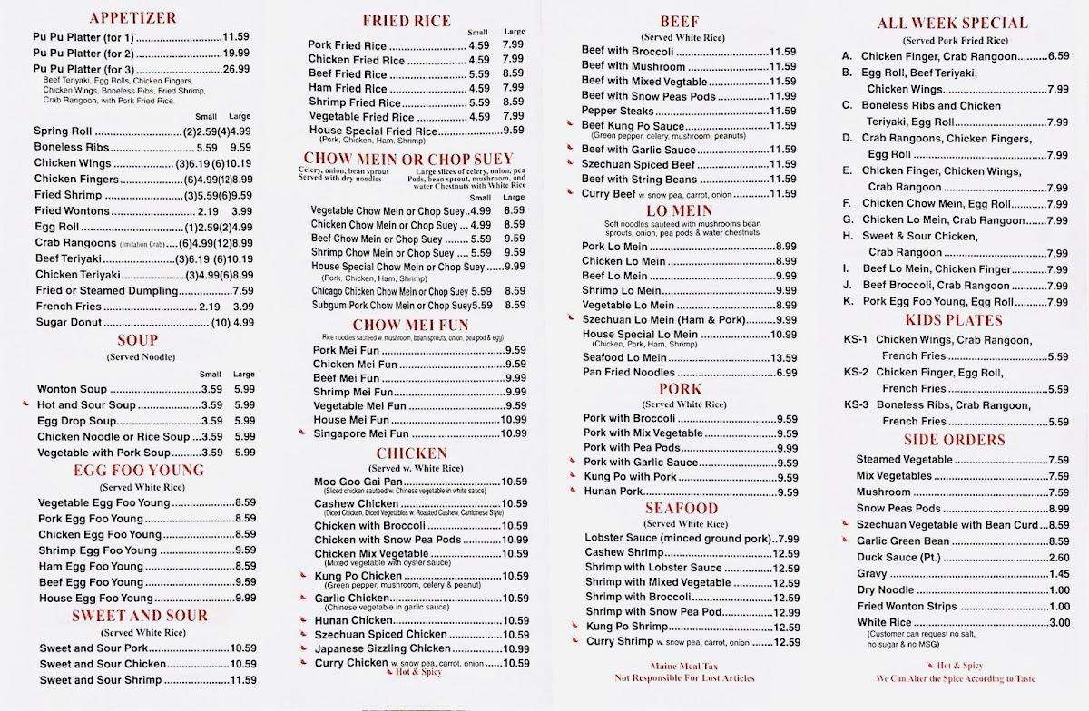 Menu at China One restaurant, Belfast
