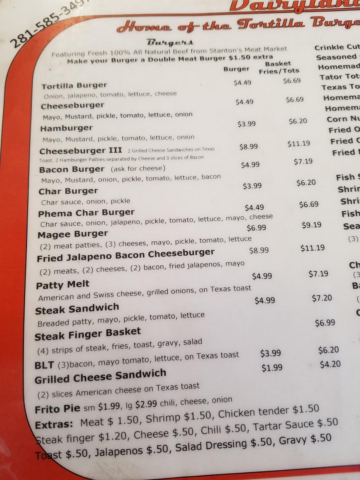 Menu at Dairy Land restaurant, Alvin, S Gordon St