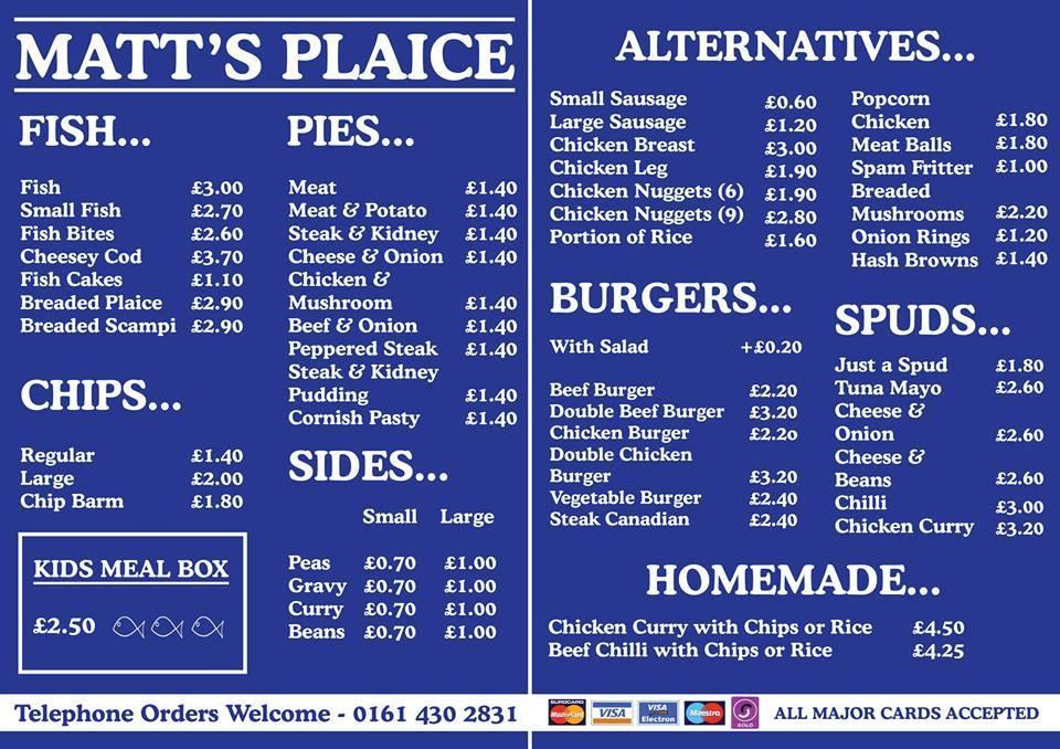 Menu at Matt's Plaice fast food, Stockport