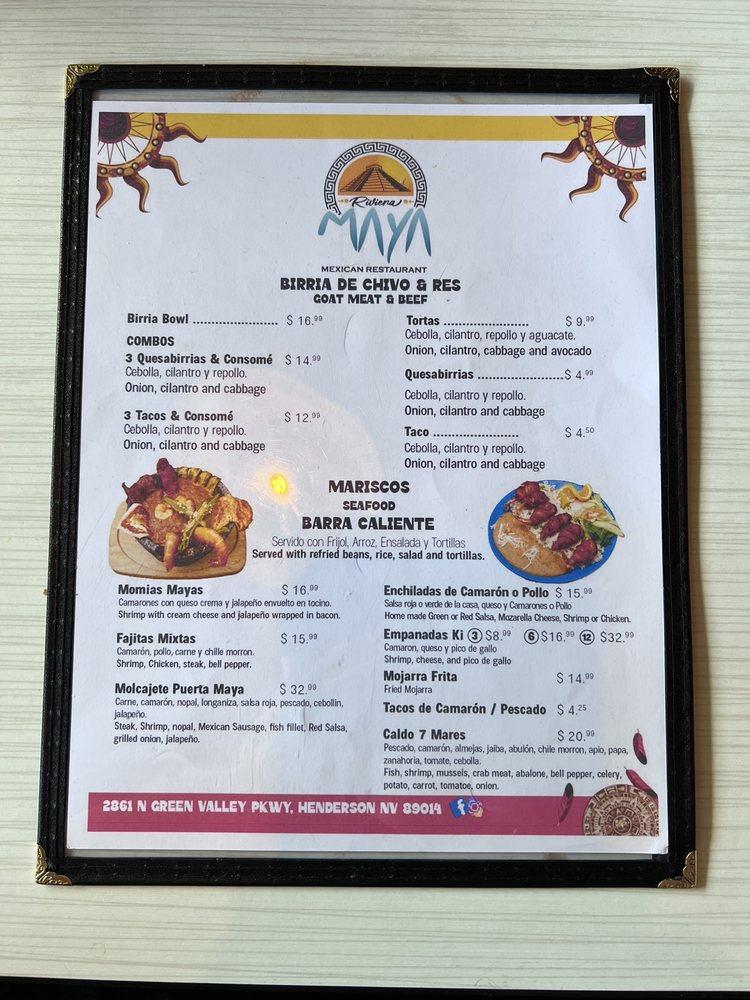 Menu at Riviera Maya Mexican Restaurant, Henderson