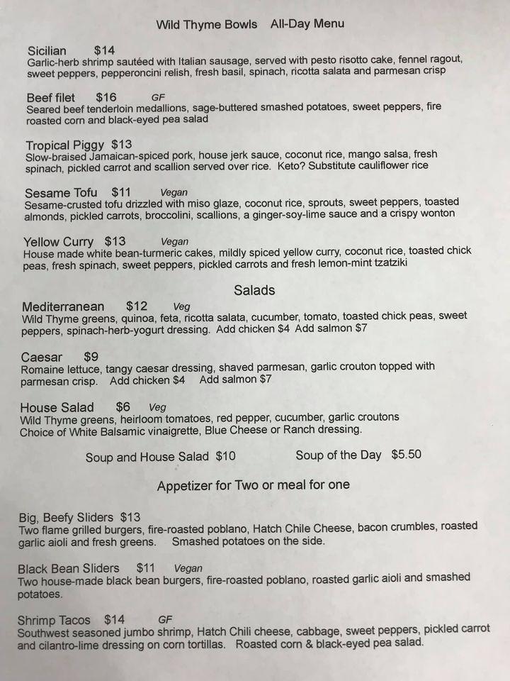 Menu at Wild Thyme Cafe, Kanab