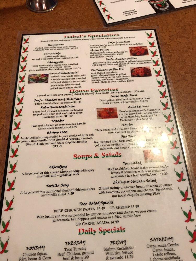 Menu at Isabel's south of the border restaurant, Willcox