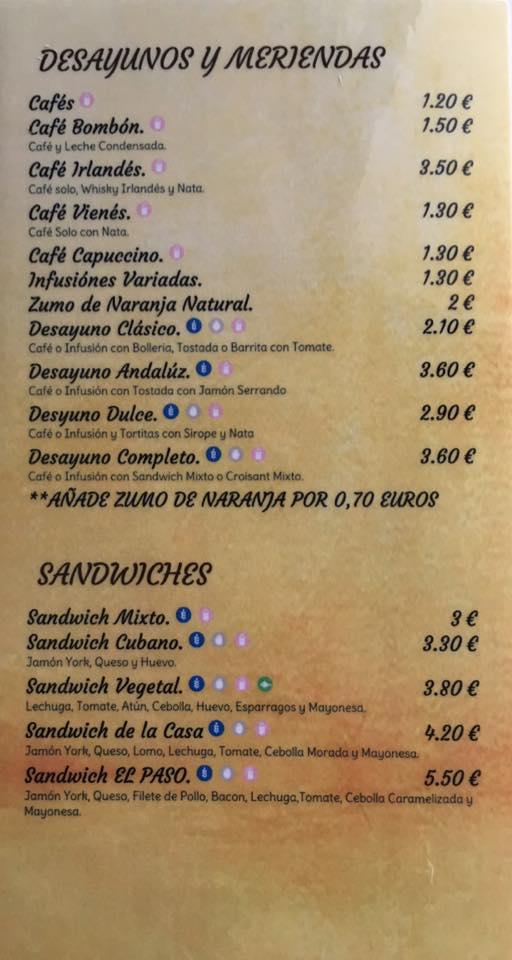 Carta de Bar El Paso, San Martín de la Vega