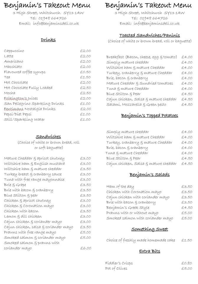 Menu at Benjamin's cafe, Whitchurch