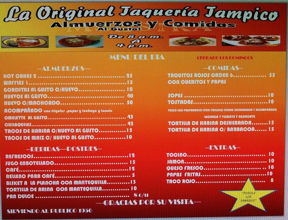 Menu At La Original Taqueria Tampico Restaurant, Matamoros