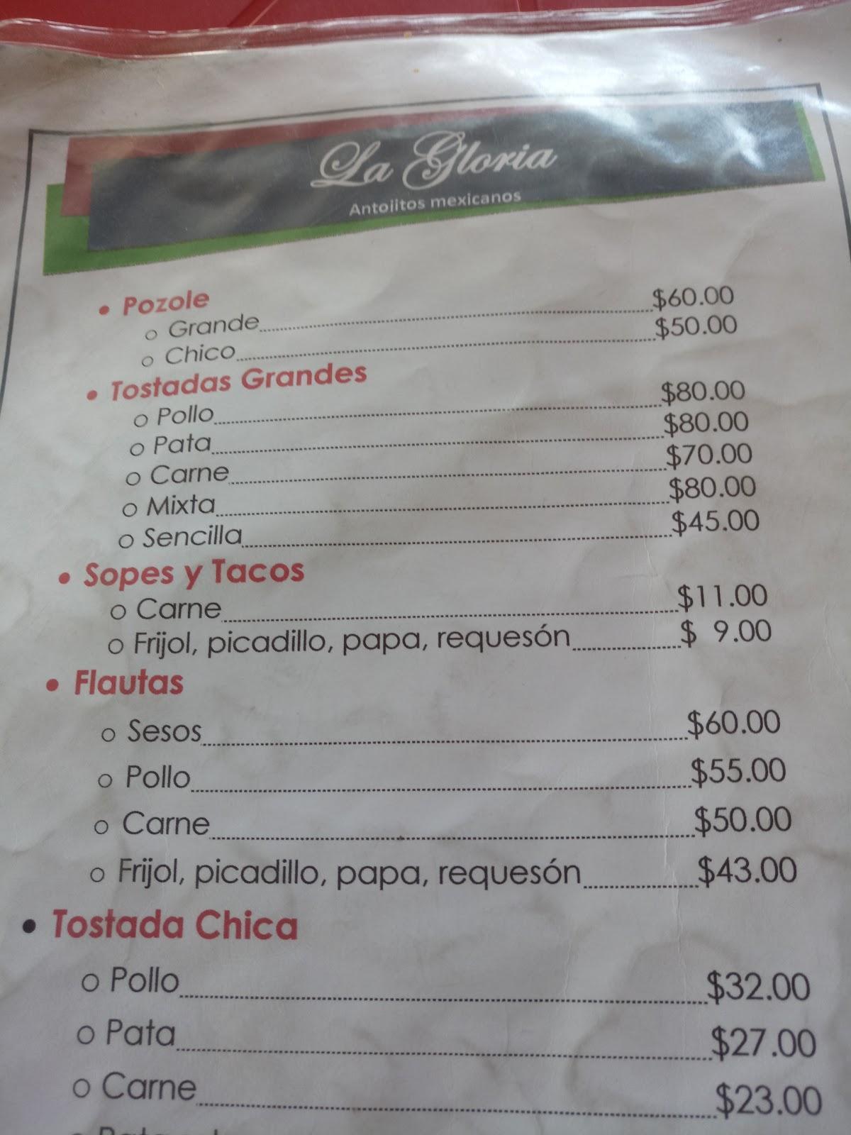 Menu at La Gloria restaurant, Guadalajara, Av. Cvln. División del Nte. 1151