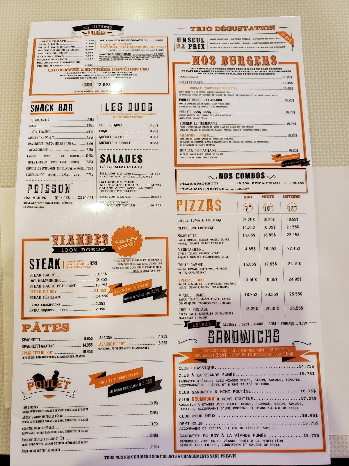 Menu au Roy Jucep fast food, Drummondville