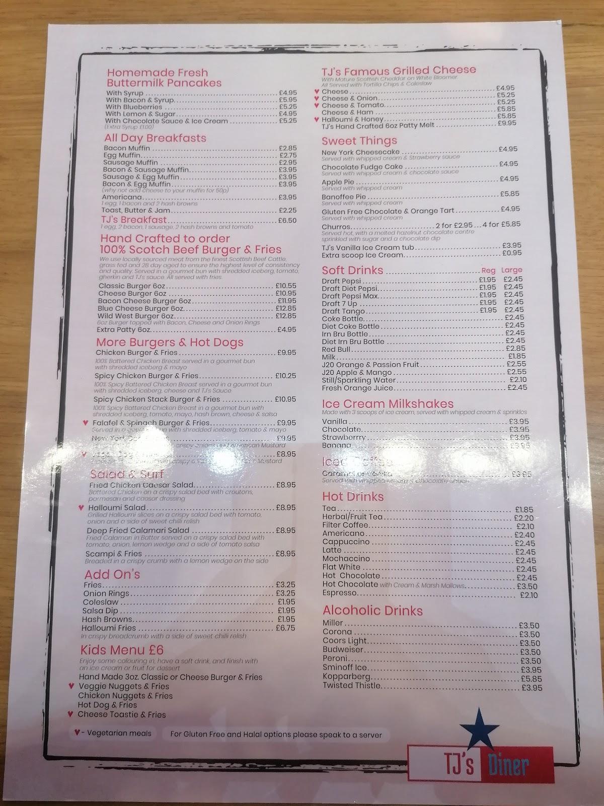 Menu at TJ's Diner restaurant, Tyndrum