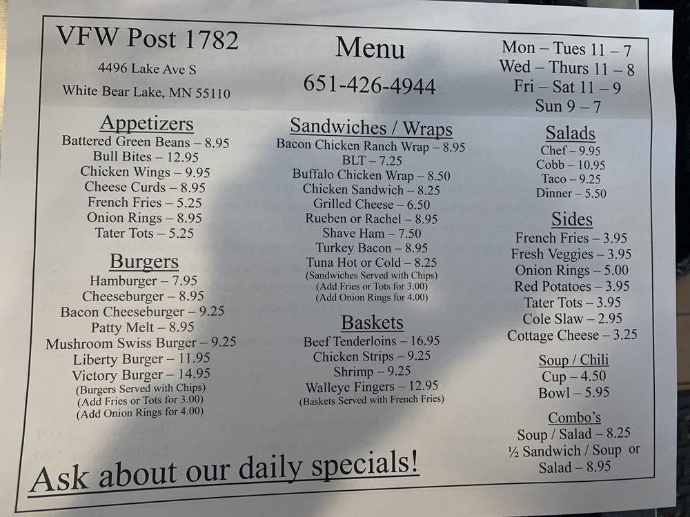 Menu at Keep Zimmer VFWpost1782 pub & bar, White Bear Lake