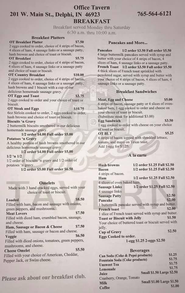 Menu at Office Tavern pub & bar, Delphi