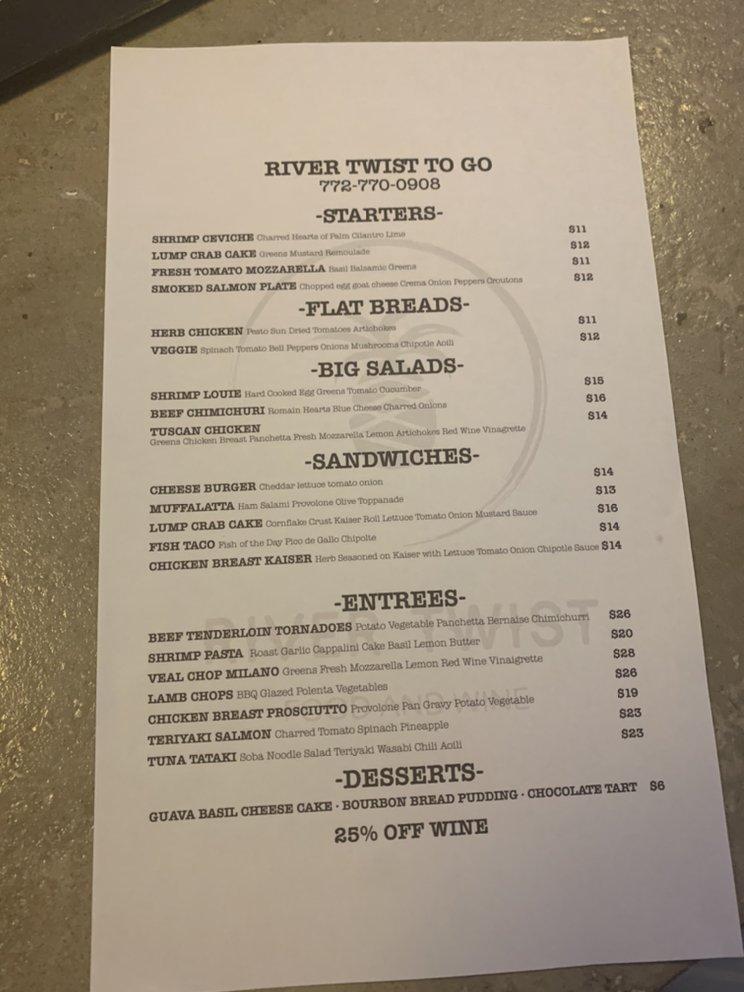 Menu at River Twist pub & bar, Vero Beach, 717 17th St