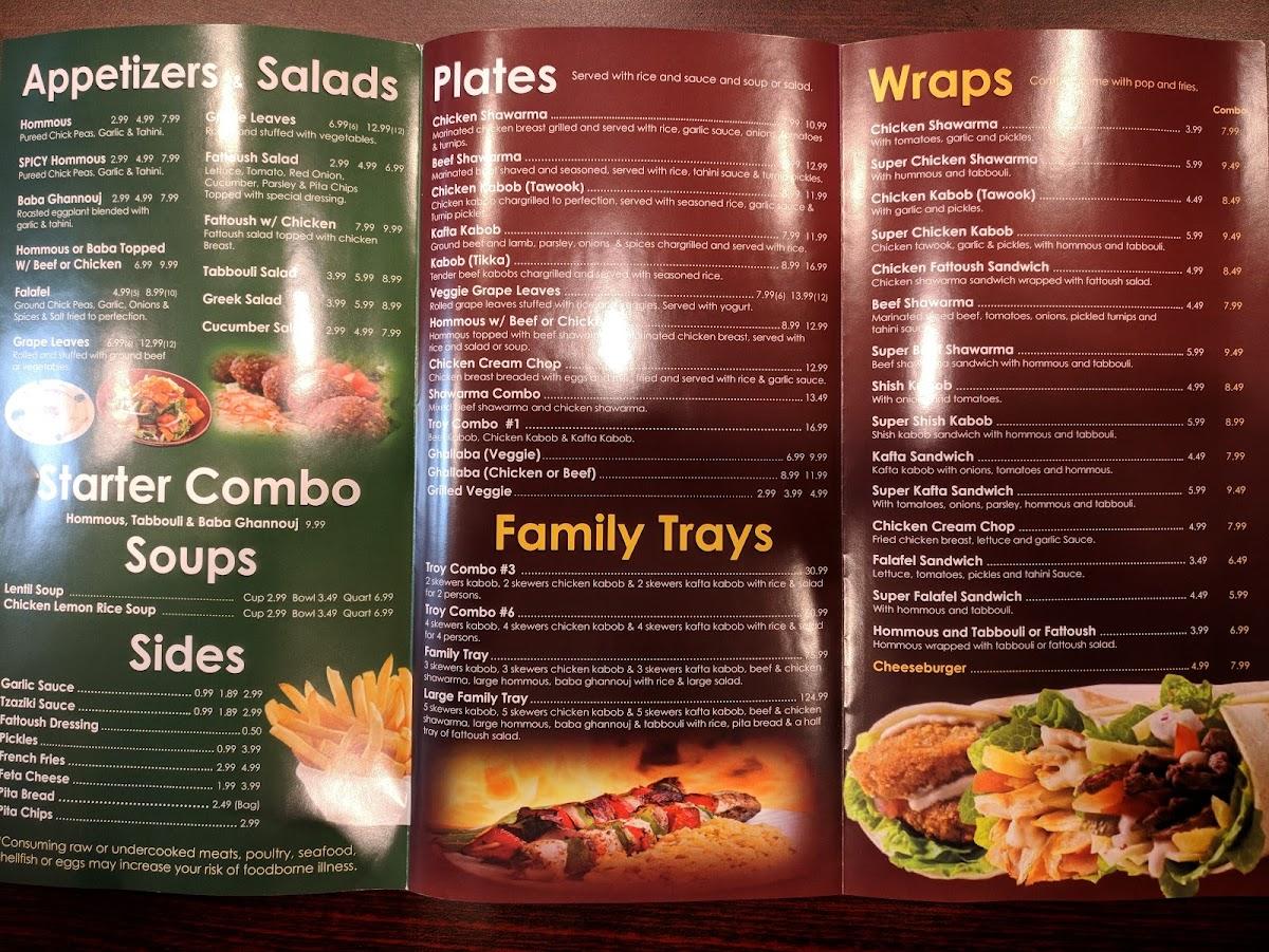 Menu at Troy Kabob restaurant, Troy