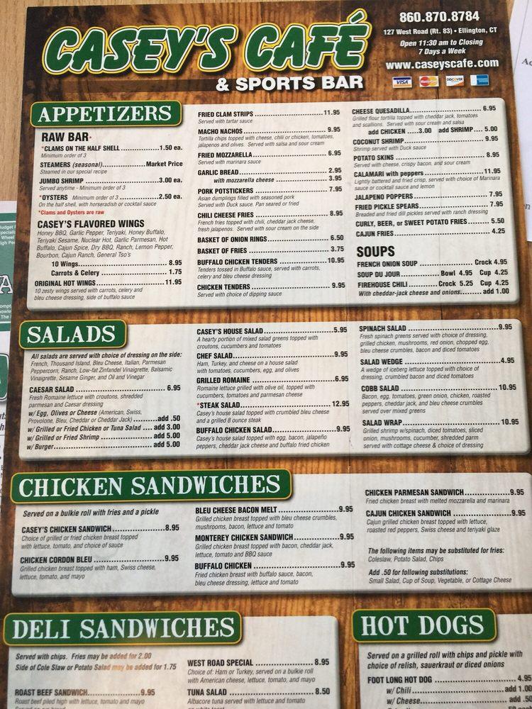 Menu at Casey's Cafe, Ellington
