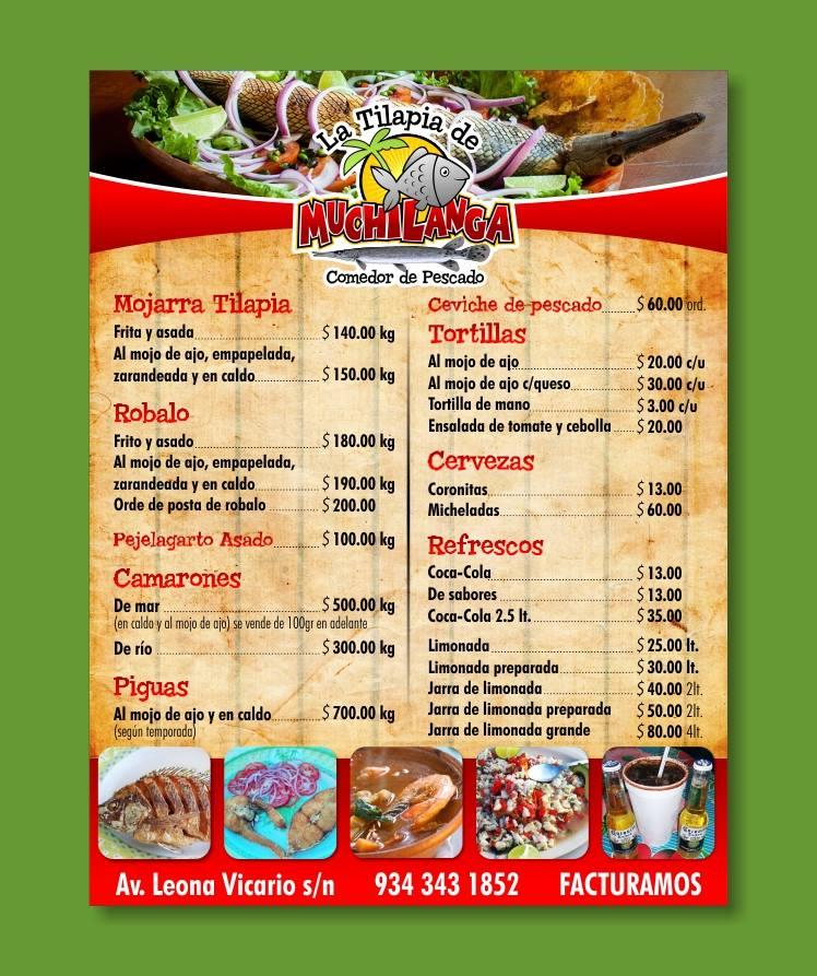 Menu at La Tilapia de Muchilanga restaurant, Emiliano Zapata