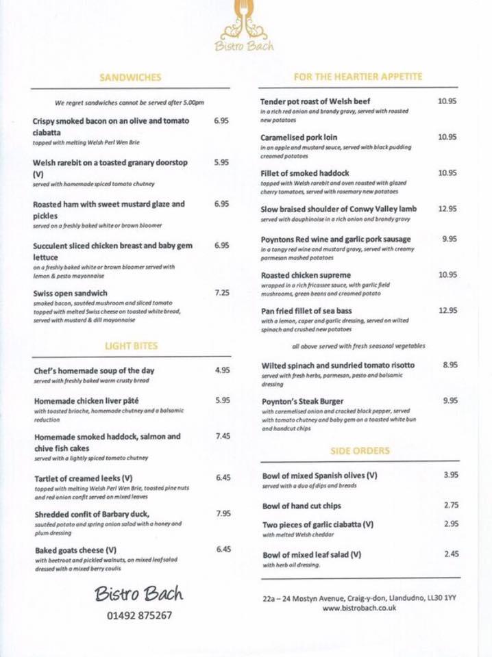 Menu at Bistro Bach restaurant, Llandudno