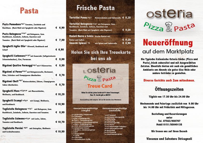 Speisekarte Von Osteria Pizza Ki Legg