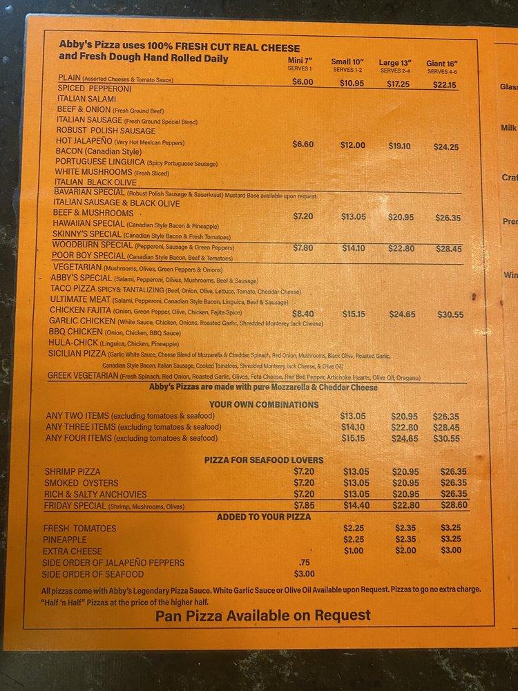 Menu at Abby's Legendary Pizza pizzeria, Woodburn