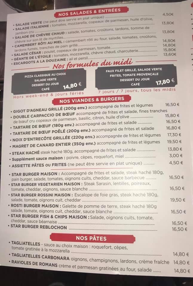 Menu au Brasserie de l'Etoile restaurant, BuislesBaronnies