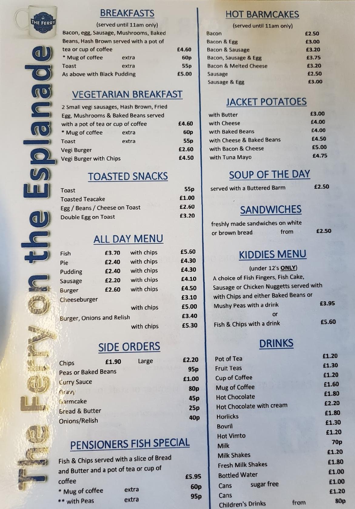 Menu at Ferry Café cafe, Fleetwood