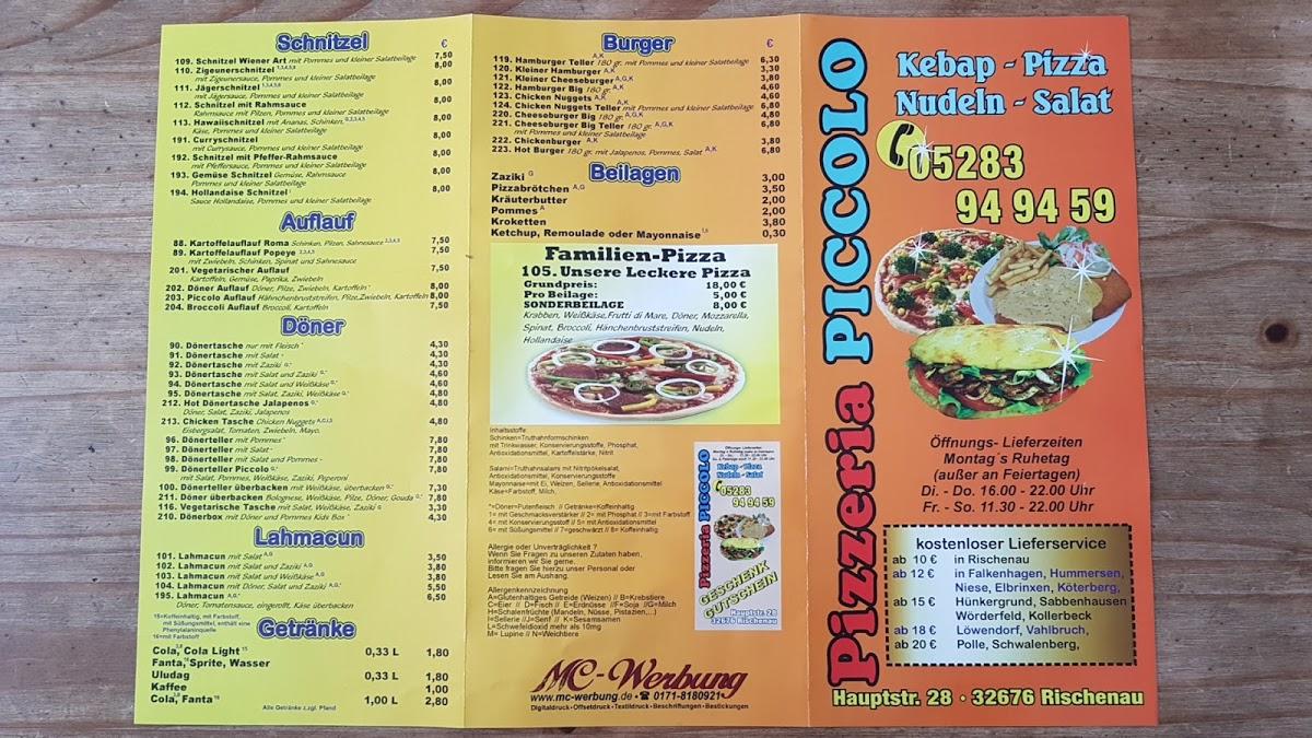 Menu at Piccolo restaurant, Lügde