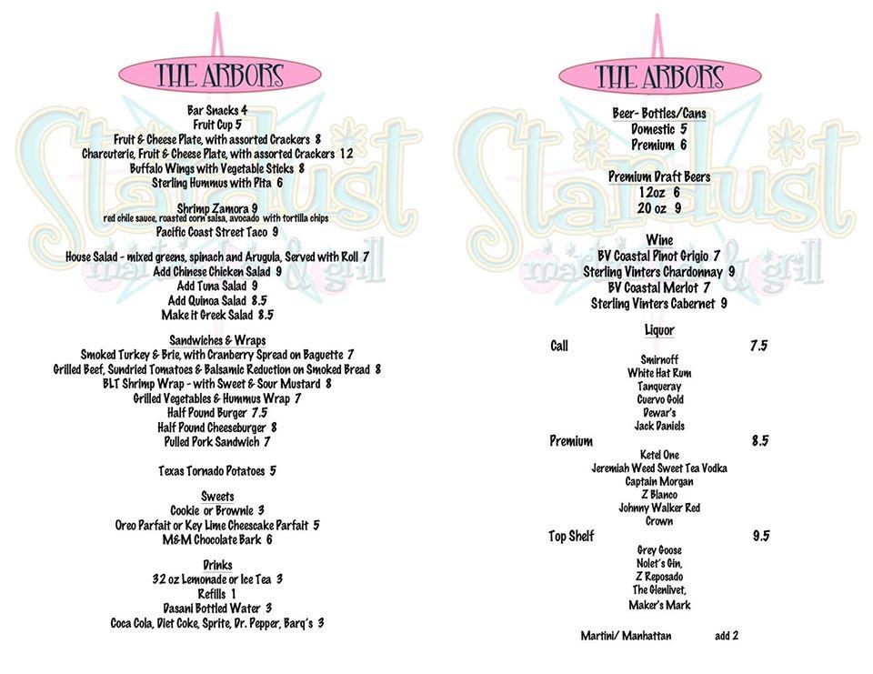 Menu at The Stardust Martini Bar & Grill, Round Top